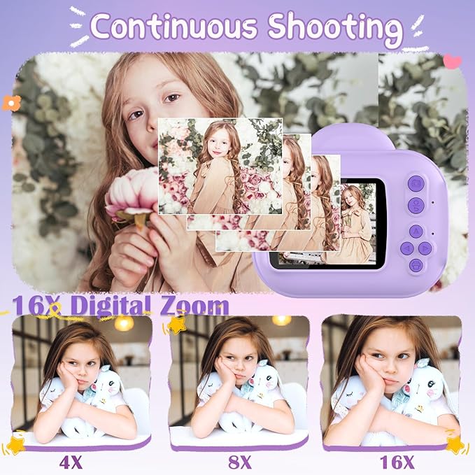 Kids Camera Toys, Instant Print Camera for Kids, Toddler Cameras Christmas Birthday Gifts for Girls Boy,1080P HD Digital Cameras, Portable Travel Toy for 4 5 6 7 8 9 10 Year Girl with SD Card (Purple)