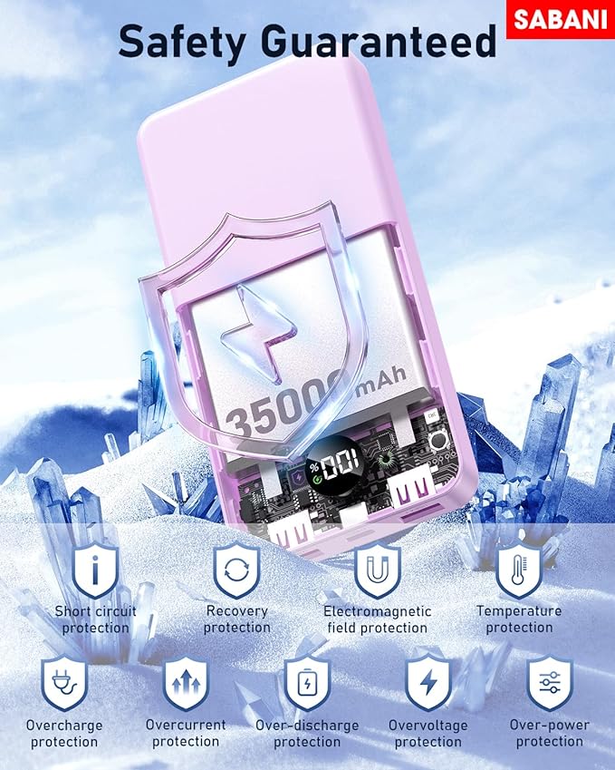 SABANI Portable Charger 35000mAh Power Bank - Portable Battery with 4 Built in Cables, 22.5W Fast Charging Battery Pack Compatible with iPhone 16 15 14 13 Samsung Android Phone etc (1 Pack, Purple)