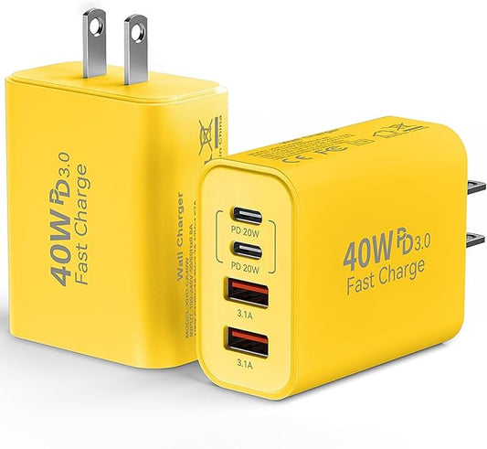 USB C Wall Fast Charger Block, 40W 4-Port Type C Chargers Fast Charging Blocks PD Power Charger Adapter+QC 3.0 USB Multiport Charger Brick for Phone 17/16/15/14/13/12 Pro Max, i-Pad, Galaxy S25-2Pack