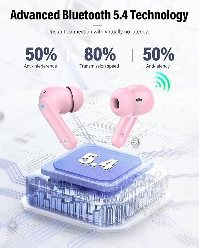 Wireless Earbuds, Bluetooth 5.4 Headphones Bass Stereo, Ear Buds with Noise Cancelling Mic, LED Display in Ear Earphones Clear Calls, IP7 Waterproof Bluetooth Earbuds for Laptop/Phones/Sports, Pink