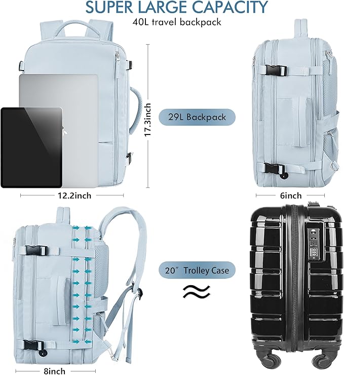 Beraliy Large Travel Backpack Women, Airline Approved Backpack, Carry On luggage, 17 inch Laptop Backpack, Waterproof Business Hiking Bag, Light-blue