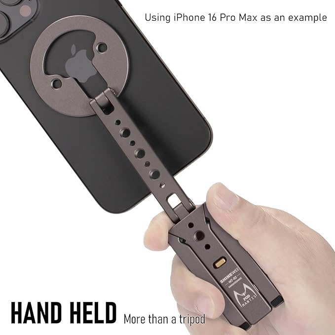 Magnetic Tripod for iPhone 12/13/14/15/16/17 & MagSafe Cases | Handy Phone Stand | 20 N52 Magnets Inside, Cold Shoe Mount, 1/4" Screw & Foldable Hook