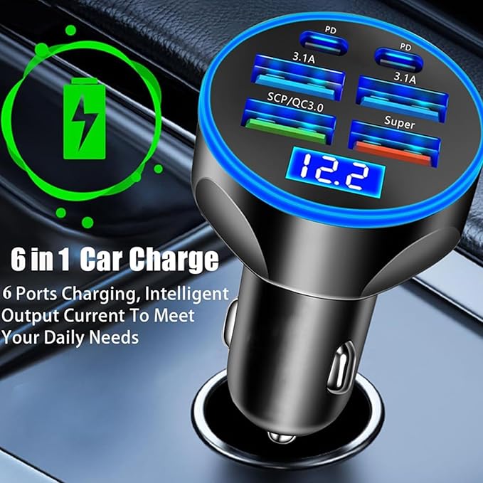 Super Fast Charge USB C Car Phone Charger Adapter 6 in 1 with Voltage Display 250W Multi Port Cigarette Lighter USB Charge for iPhone 16 15 14 13 12 11 Samsung Galaxy Huawei Oneplus Oppo Vivo