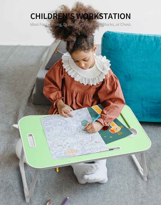 Laptop Bed Desk, Foldable Lap Table, Portable Study Table, Laptop Stand with Cup Holder & Tablet Slot & Lifting Handle for Working Writing Drawing & Eating - Green