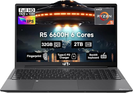 15.6 Business-gaming-Laptop, 6-Cores AMD Ryzen 5 6600H 660M 6nm GPU, 32GB DDR5 2TB SSD(Beat i7-1165G7 up to 4.5GHz)100W Type-C FHD IPS Laptop-Computer with Fingerprint Backlit Keyboard WiFi5 Win11