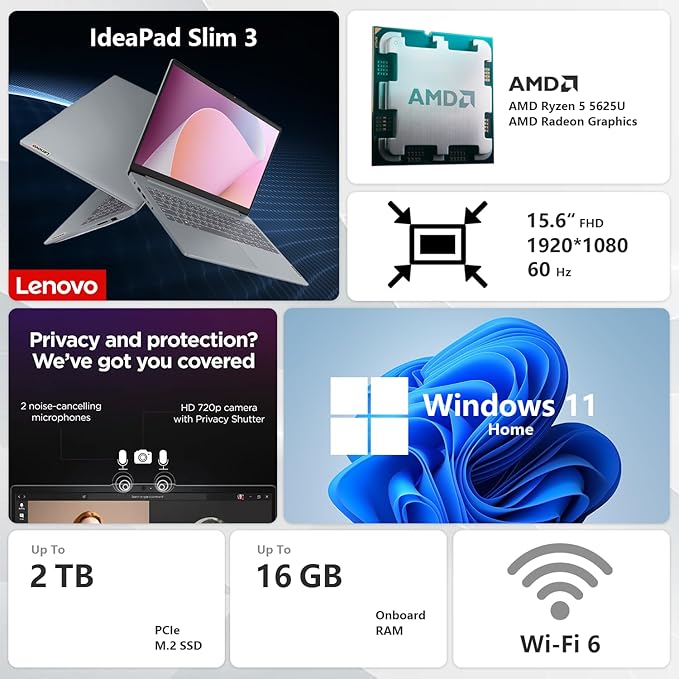 Lenovo IdeaPad Slim 3 Laptop, 15.6" FHD Display, AMD Ryzen 5 5625U, 16GB RAM, 512GB SSD, Backlit KB, SD Card Reader, Webcam, HDMI, Wi-Fi 6, Win 11 Home, Bundle with Thunderobot ML101 Wireless Mouse