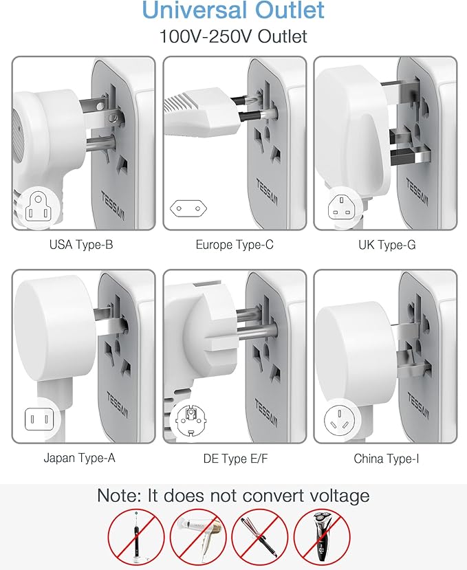 TESSAN Universal Travel Adapter, International Power Adapter 5.6A 28W 3 USB C 2 USB A Ports, Travel Worldwide Plug Adaptor, Outlet Wall Charger for Europe UK EU AUS (Type C/G/A/I)