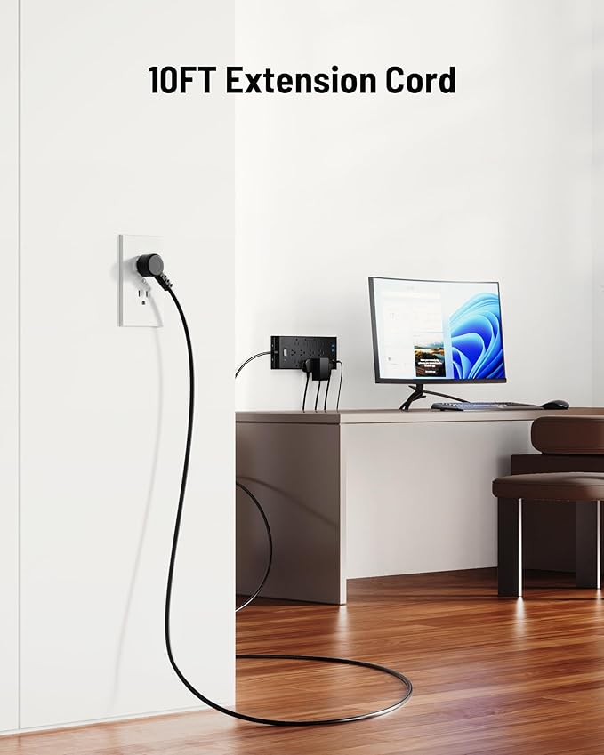 4800J Surge Protector Power Strip, LeZone 10Ft Extension Cord Flat Plug, 12 Outlets 2 USB C 2 USB Ports, Wall Mountable, PD20W Desk Charging Station, Black