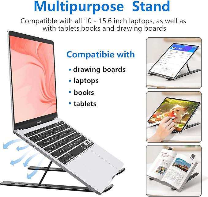 Laptop Stand for Desk, Aluminum Metal MacBook Stand, Computer Riser for Desk, Portable Foldable Adjustable Notebook Holder, Compatible with 10-15.6 Inch Laptops, iPad, Black.