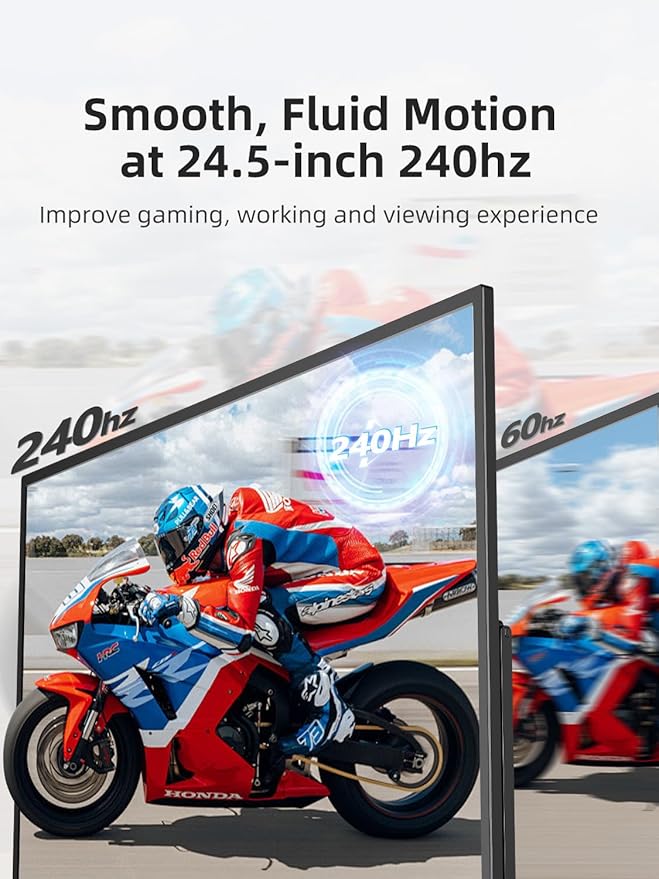 Portable Monitor 24.5” 240Hz, Gaming Monitor with FreeSync, HDR, 0.1ms, 180° Adjustable Kickstand & VESA, USB-C & HDMI, 2000:1 Contrast, 400Nits IPS Large Travel Second Screen for Laptop, Game Console