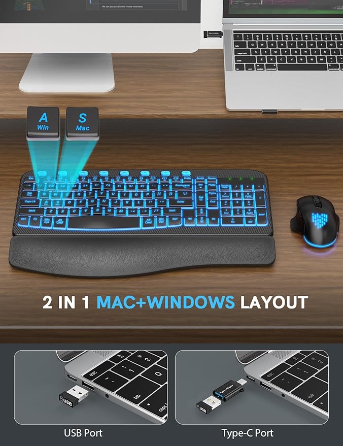 SABLUTE Ergonomic Wireless Keyboard and Mouse Combo - Wave Keyboard with Soft Leather Wrist Rest, Resistant Keys, RGB Backlit Rechargeable Set for PC/Mac/Chromebook (Black and Blue)