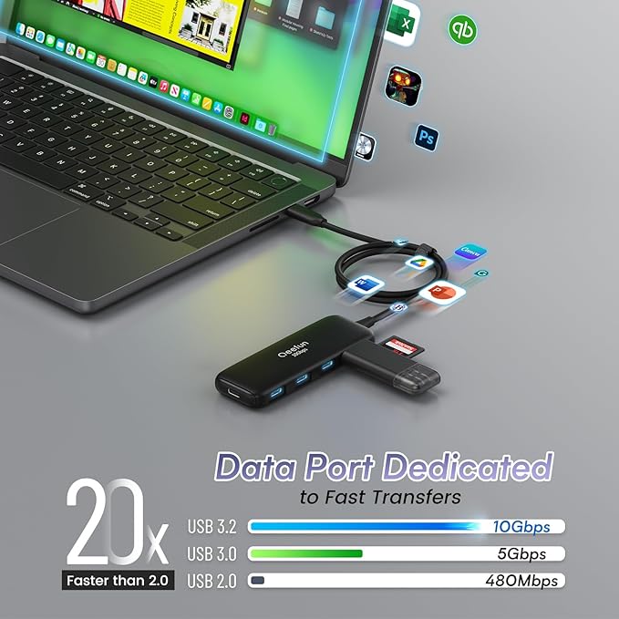 Qeefun USB C Hub 10Gbps, 4 Ports USB-C 3.2 Data Splitter, USB 3.2 Gen 2 Adapter with 100W Power Charging Port, USBC Extender for iPad Pro, iPhone 15, MacBook Air/Pro M2 M1, PC, Laptops and More