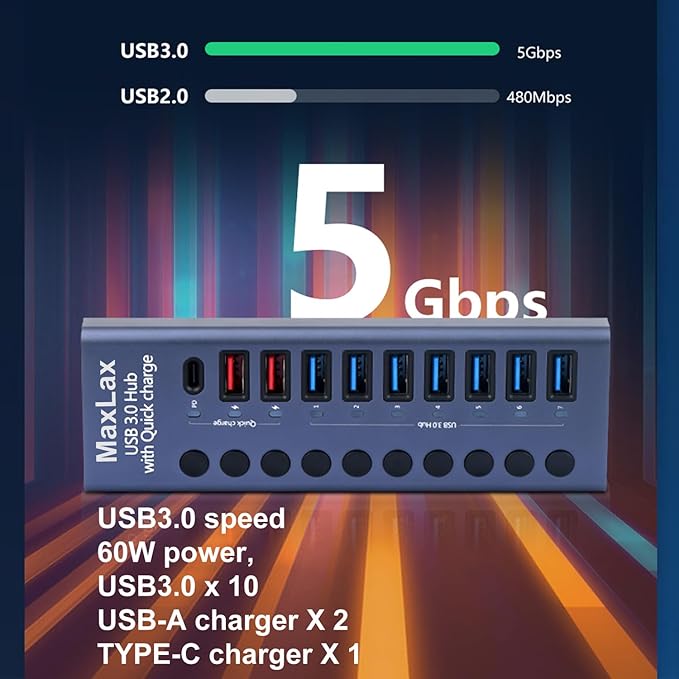 MaxLax Aluminum USB 3.0 hub with Charging Function, Power Adapter,Individual Power swiches (Silver Gray-10 Ports)