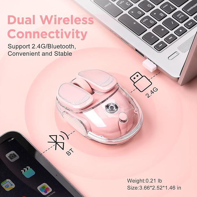 Q9 Wireless Computer Mouse, 2.4GHz/Bluetooth Mouse, Ergonomic Optical Mouse with RGB Lighting,Silent Clicks,4800 DPI, 4 Adjustment Levels,Compatible with PC, Mac, Laptop(Pink)