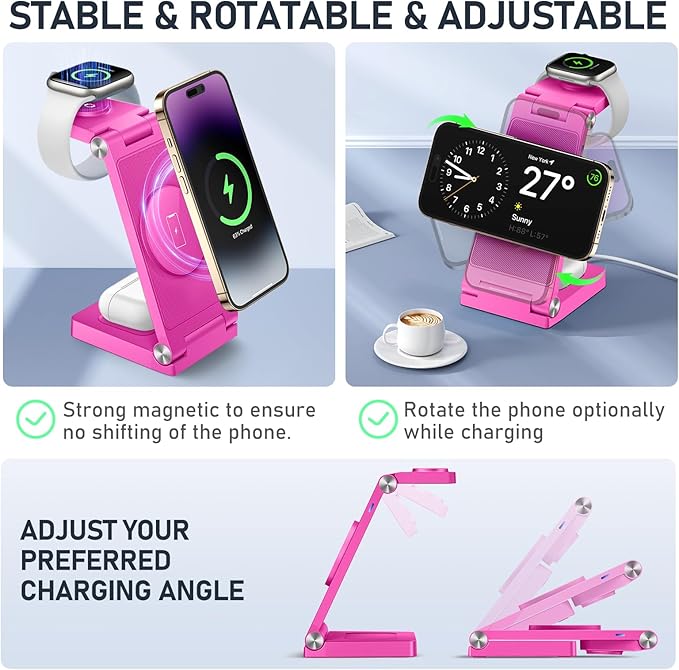 Magnetic Wireless Charger Stand, 3 in 1 Foldable Wireless Charging Station, Travel Charger for Multiple Devices for iPhone 16 15 14 13 12 Series, Apple Watch Ultra/SE/9/8/7/6/5/4/3/2, AirPods