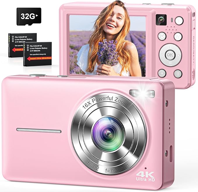 Digital Camera, 4K 64MP Cameras for Photography, Small Compact Point and Shoot Digital Camera with Auto Focus, Dual Camera, Flash, 16X Zoom, 32GB Card, Vlogging Camera for Teens,Boys, Girls