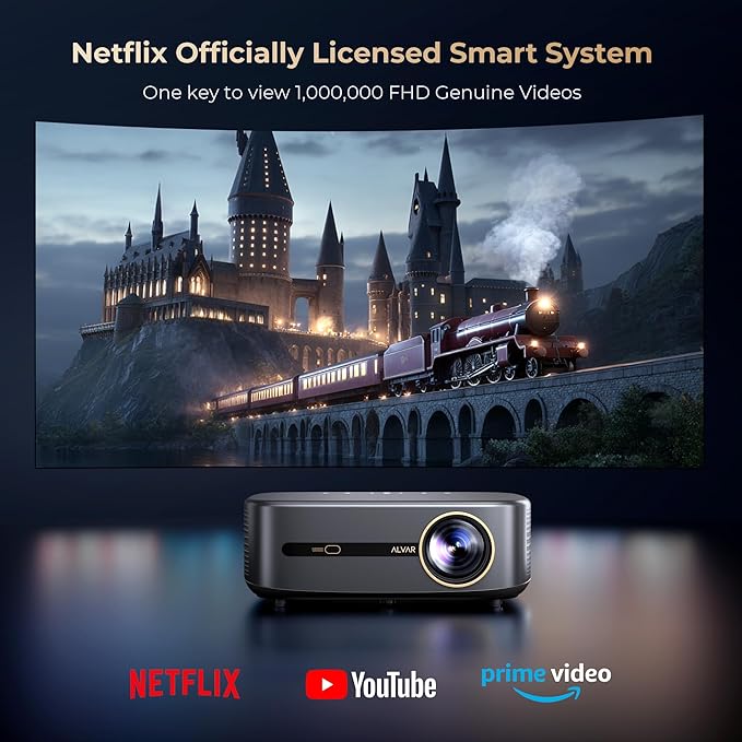 [1000 ANSI & Audio by DBX-TV] Alvar 4K Projector with WiFi 6 and Bluetooth, 30W Speakers, NetfIix Certified & DoIby Audio Outdoor Proyector, Auto Focus Native 1080P Smart Projector, Black