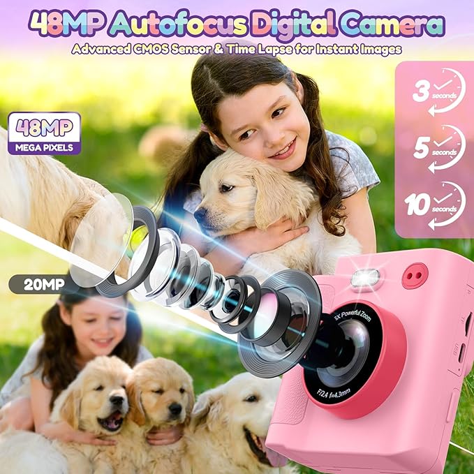 Gift for 3-12 Year Old Girls: Kids Camera Digital Instant Print 1080P Dual Camera Toys Birthday Christmas Valentines Gifts for Kid Girls Boys Ages 3 4 5 6 7 8 9 10 with 32G SD Card Storage Bag Pink
