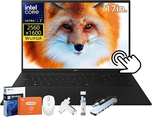 LG Gram 17 Touchscreen Lightweight Laptop for Business/Students, Intel Ultra 7 258V, 17 inch QHD+ Touchscreen, 32 GB LPDDR5X, 2 TB SSD, Copilot+, Wi-Fi 7, Backlit Keyboard, Windows 11 Pro, Accessories