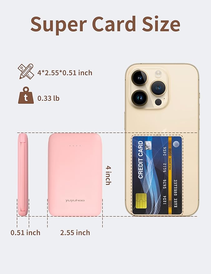 Power Bank, Slimmest 5000mAh Portable Charger with Built in USB-C Cables, USB C in&Out Charging Battery Pack, External Phone Powerbank Compatible with iPhone, Android, Pink