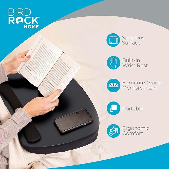 BIRDROCK HOME Oversized Lap Desk with Memory Foam Cushion, Wrist Rest, Portable Tray for Bed, Couch, Sofa, Recliner, Writing, Study, Compact Lapdesk, Ideal for WFH, Matte Black, Fits Laptops Up to 17"