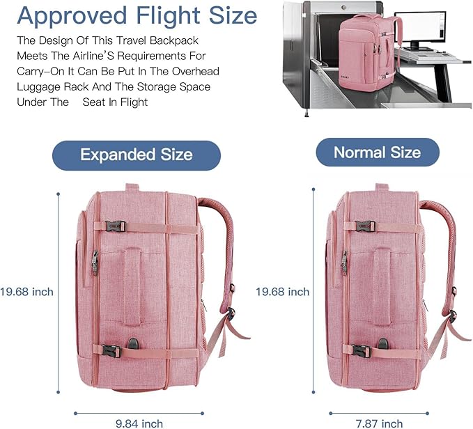 Carry On Backpack for Women, 50L Travel Backpack Flight Approved, Expandable Backpack For Airplanes, 17 Inch Laptop Backpack, Luggage Suitcase Daypack Lightweight Business Weekender Bag, Pink