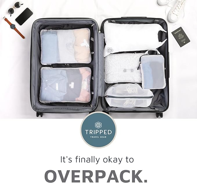 Large Packing Cube Set with See Through Mesh- Compression Packing Cubes Travel Organizers by TRIPPED Travel Gear (White)