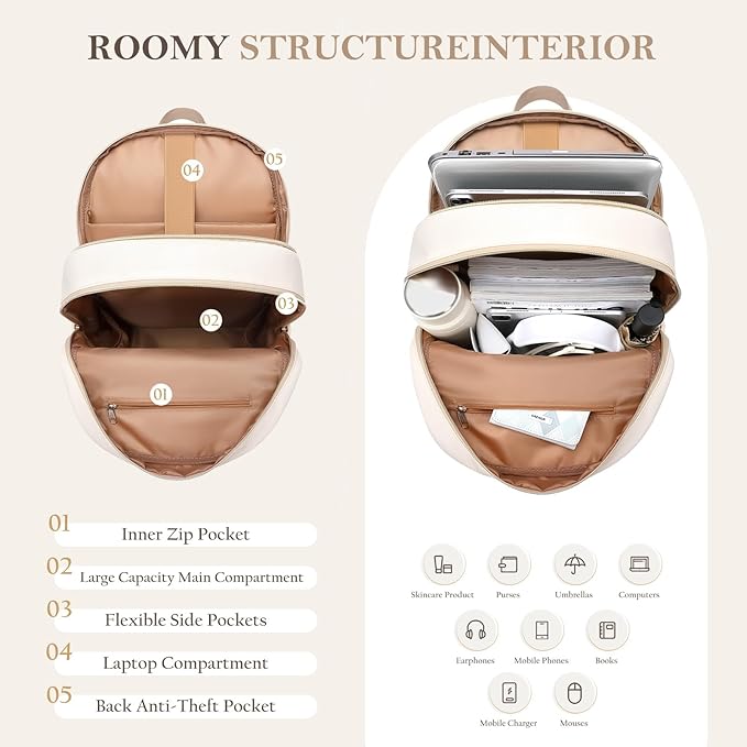 TENSTAR Laptop Backpack for Women, Computer Backpack Fit 16 Inch Notebook, Large Capacity College Backpack Bookbag Casual Daypack for Travel, Black with Beige