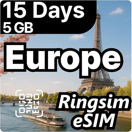 [eSIM] Europe eSIM | 15DAYS 5GB | UK, France, Italy, Spain, Germany | 5G, 4G/LTE, Tethering, Hotspot | eSIM with Instant Activation in 10 Minutes | Travel eSIM by Ringsim