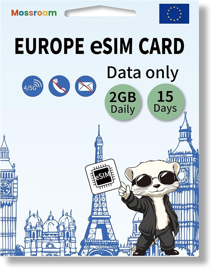eSIM for Europe Travel,2GB Data/Daily 15 Days at 4G/5G speeds,Data Only eSIM,Use Europe eSIM in UK & 30+ Countries in The EU