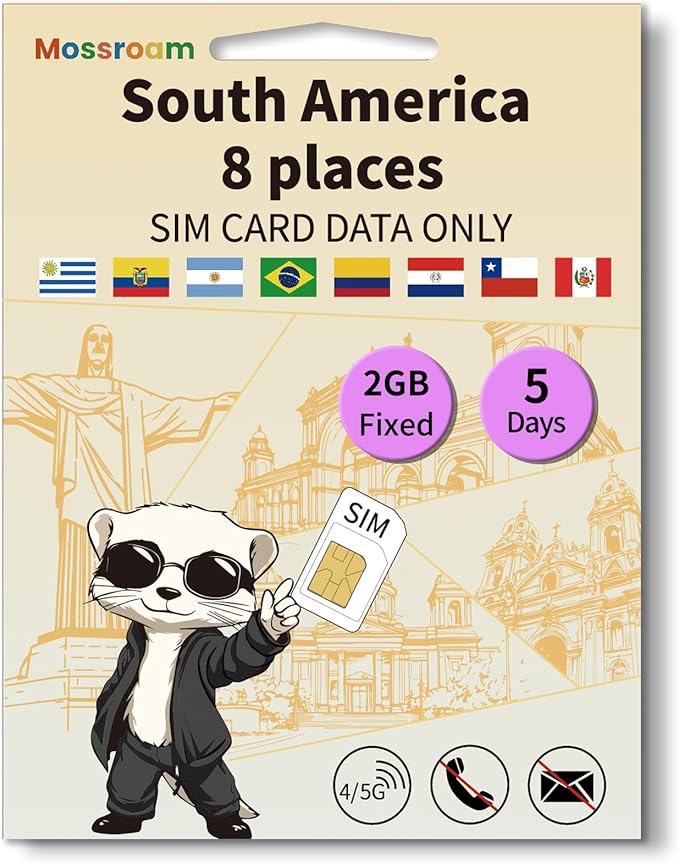 SIM Card for 8 Countries in South America– Prepaid Data Plans | 2GB Daily Data,5 Days | High-Speed Internet | Ideal for Travelers