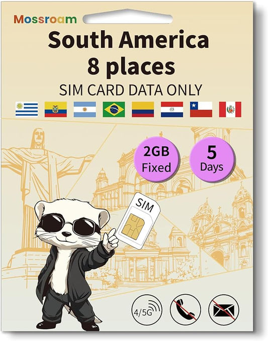 SIM Card for 8 Countries in South America– Prepaid Data Plans | 2GB Daily Data,5 Days | High-Speed Internet | Ideal for Travelers