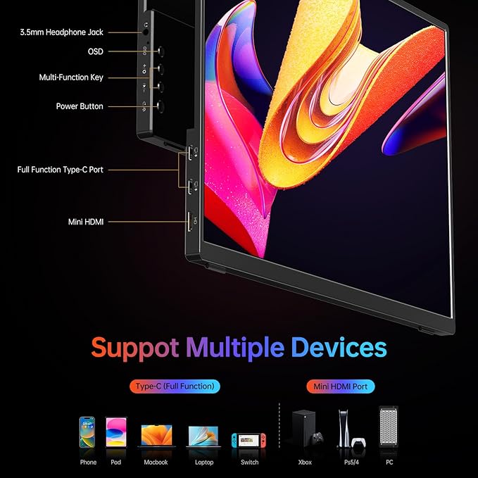 VILVA Portable Monitor 14 inch FHD 1920 * 1200P USB C HDMI Ultra-Slim IPS Travel Display w/Smart Cover & Speakers, HDR Plug&Play, External Monitor for Laptop PC, Phone,Mac