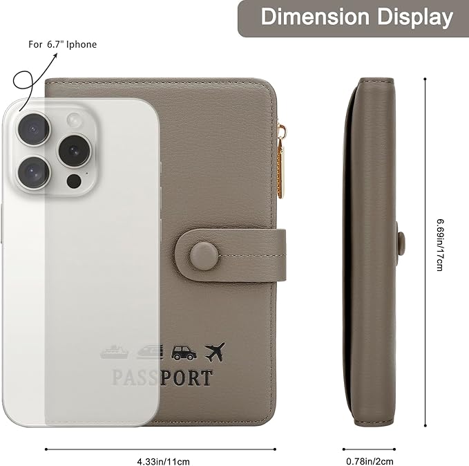 DOB SECHS Passport Holder Wallet for Women, Leather RFID Blocking Passport Cover Credit Cards Case Women Travel Accessories Organizer Pouch Bag with ID Window+Zippered Cash Pocket+SIM Slots, Grey