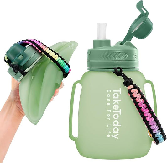 TakeToday 40 OZ Motivational Water Bottle with Straw and Paracord Handle 1.2L Silicone Sports Water Bottle with Time Marker(Green)