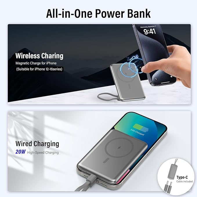 Magnetic Portable Charger, 5000mAh Ultra Slim Mag Power Bank, Wireless Battery Pack with USB C Cable, 20W PD Fast Charging, Magnetic Phone Charger for iPhone 16/15/14/13/12 Pro/Pro Max/Mini Series