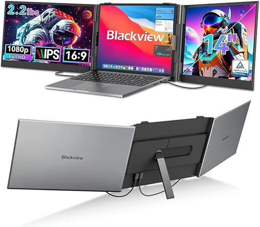 Blackview DCM6 Triple Laptop Screen Extender,14" 1080P FHD IPS Portable External Screen,Two Cable USB C Travel for 13-17'' Laptop,Plug & Play Compatible with Windows/Mac/Chrome OS and Mobile Devices