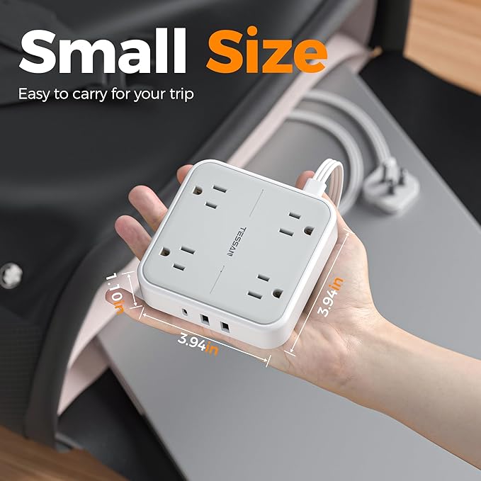 Surge Protector Power Strip, TESSAN Ring Pull Flat Plug Extension Cord 10 Ft with 3 USB (1 USB C) 4 Outlets, 900 Joules Protection, Desktop Charging Station for Home, Office, College, Dorm Room, Gray