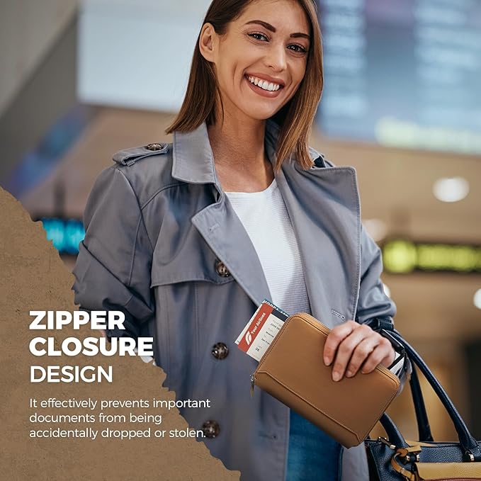 VULKIT Leather Passport Holder for 4-8 Passports Family Passport Wallet with Zipper Travel Documents Organizer for Men or Women(Brown)