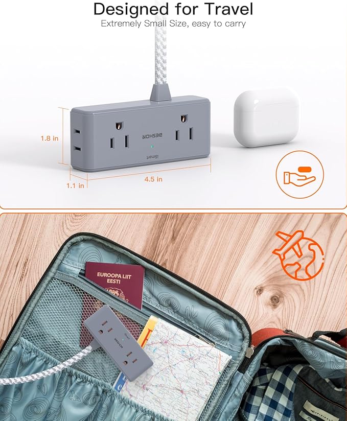 Flat Plug Power Strip 6 feet, 4 Widely Outlets with 3 USB Ports (2 USB C), 3 Side Outlet Extender with Extension Cord with Multiple Outlets for Home, Office, Dorm Room Essentials Gray