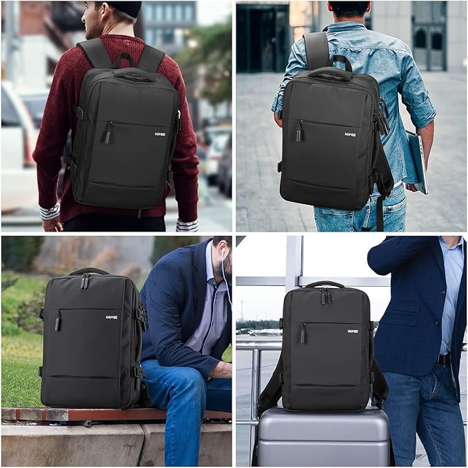 HOMIEE Travel Laptop Backpack TSA Friendly Flight Approved Carry-on Bags with USB Charging Port, Expandable Luggage Daypack Extra Large Suitcase Durable Weekender Bag, Black