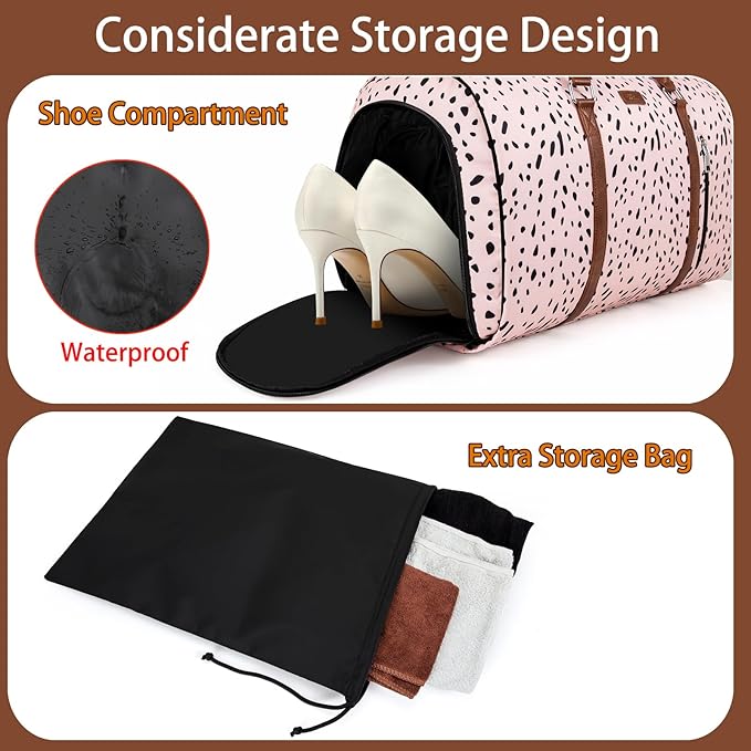 4pcs Convertible Garment Duffel Bag for Travel - 50L 2-in-1 Carry On Weekender Overnight Bag with Toiletry Bag, Fits Suits & Dresses, Trolley Sleeve, Hanging Suit Compartment, Waterproof Shoe Pocket