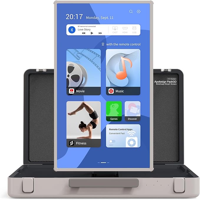 apolosign packgo 27-Inch Portable Entertainment System, Compact Suitcase Design Smart TV, Android OS, Bluetooth 3D Speakers, Built-in Battery 6H, Briefcase Screen Perfect for Travel & Parties (White)