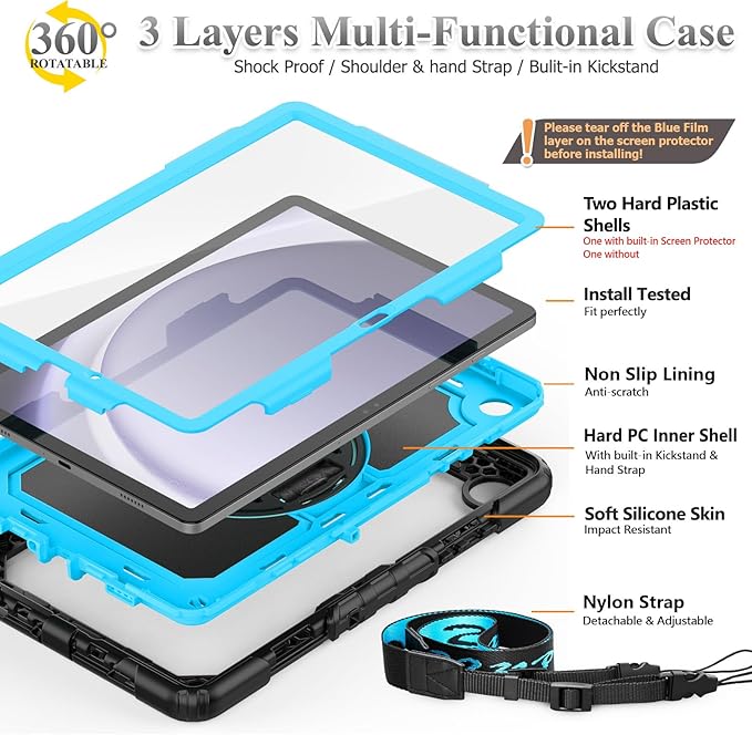 SEYMAC stock Case for Samsung Galaxy Tab A9+ Plus 11'', Full-Body Drop Protection Case with Screen Protector Pencil Holder [360° Rotating Hand Strap] &Stand, SkyBlue+Black