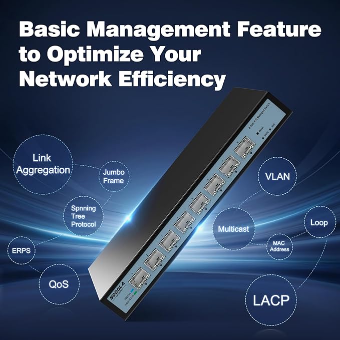 8 Port 10G Web Managed Switch, 8X10G SFP+ Ports, Link Aggregation/QoS/VLAN/IGMP, Wall Mounted Fanless 10Gb Multi-gig Network Switch（SFP Ports Only