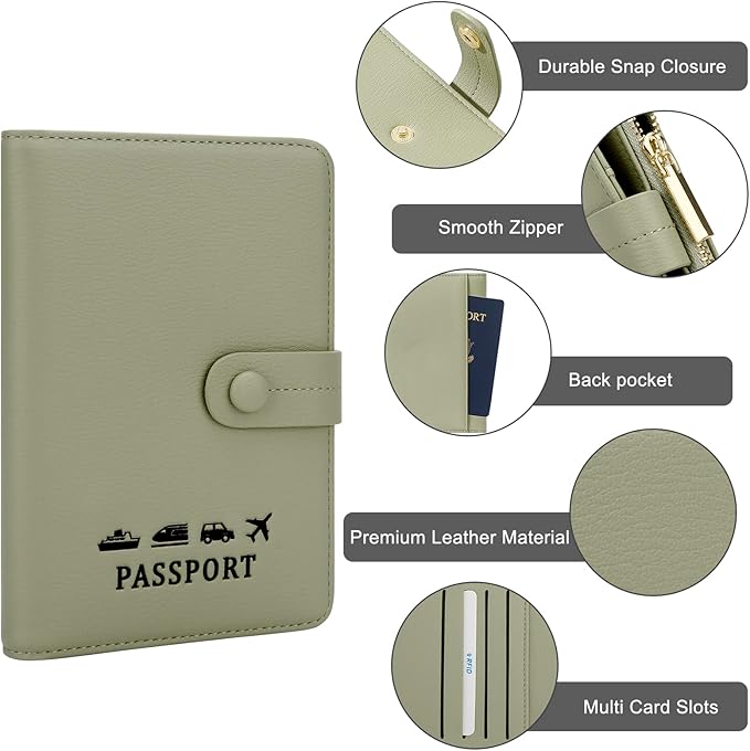 DOB SECHS Passport Holder Wallet for Women, Leather RFID Blocking Passport Cover Credit Cards Case Women Travel Accessories Organizer Pouch Bag with ID Window+Zippered Cash Pocket+SIM Slots, Green