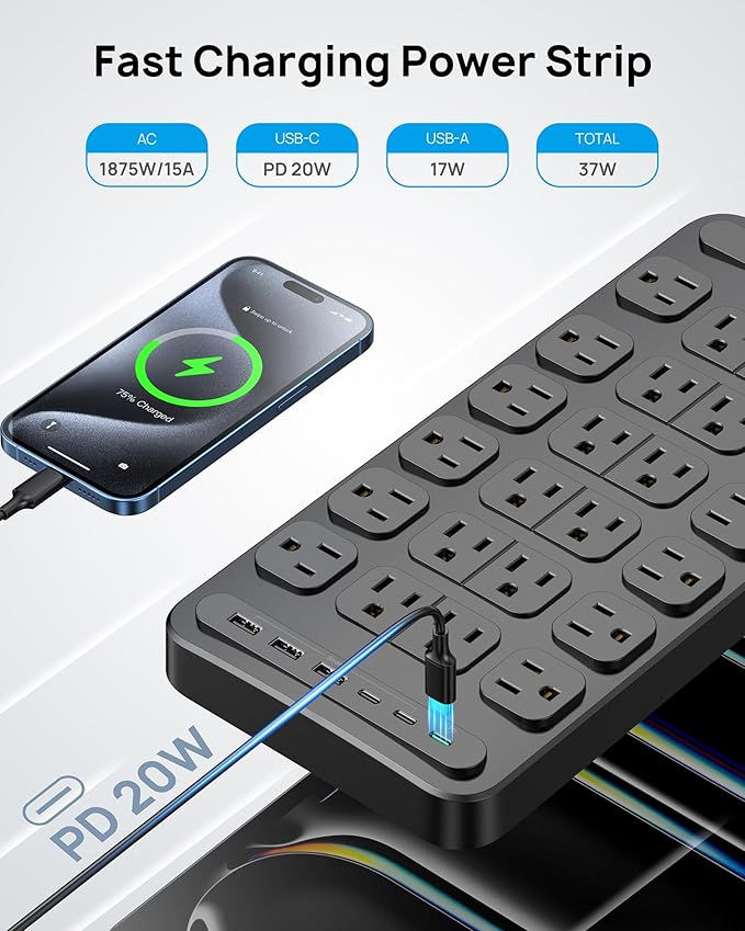 TROND Surge Protector Power Strip, 360° Rotating Flat Plug, 24 AC Outlets, 6 USB Ports Total 37W, 4000 Joules, ETL Listed, 10ft Heavy Duty Extension Cord 1875W for Gaming Dorm Room Essentials Black