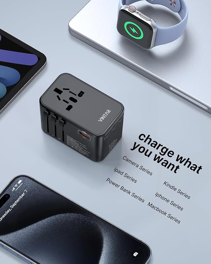 Universal Travel Adapter, VINTAR 100W GaN International Power Adapter with 3 USB-C PD Fast Charging and 2 USB-A QC, All-in-one Outlet Converter Charger for Europe UK USA AUS(Type C/G/A/I)