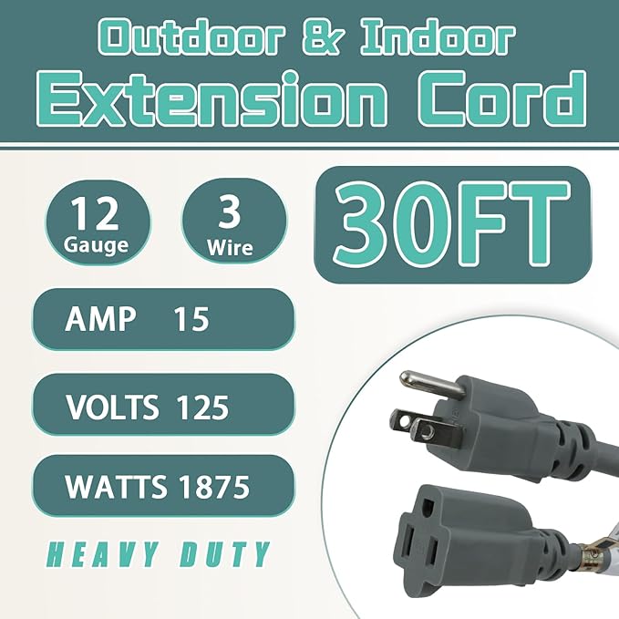 30 Ft Outdoor Extension Cord - 12/3 SJTW Heavy Duty Grey Extension Cable with 3 Prong Grounded Plug - Power Cord for Lawn, Garden, Appliances