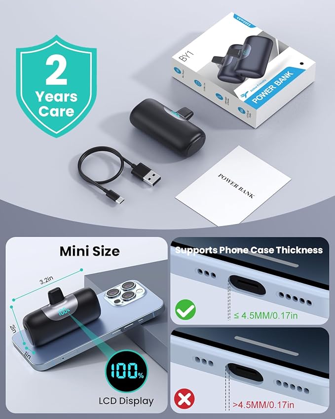 Mini Portable Charger for iPhone,Upgraded 22.5W PD Fast Charging 5500mAh Ultra-Compact Power Bank,LCD Display Plug-in Cute Battery Pack Travel Essentials for iPhone 14/14Pro/13/12/11/X/8/7/6 (Black)